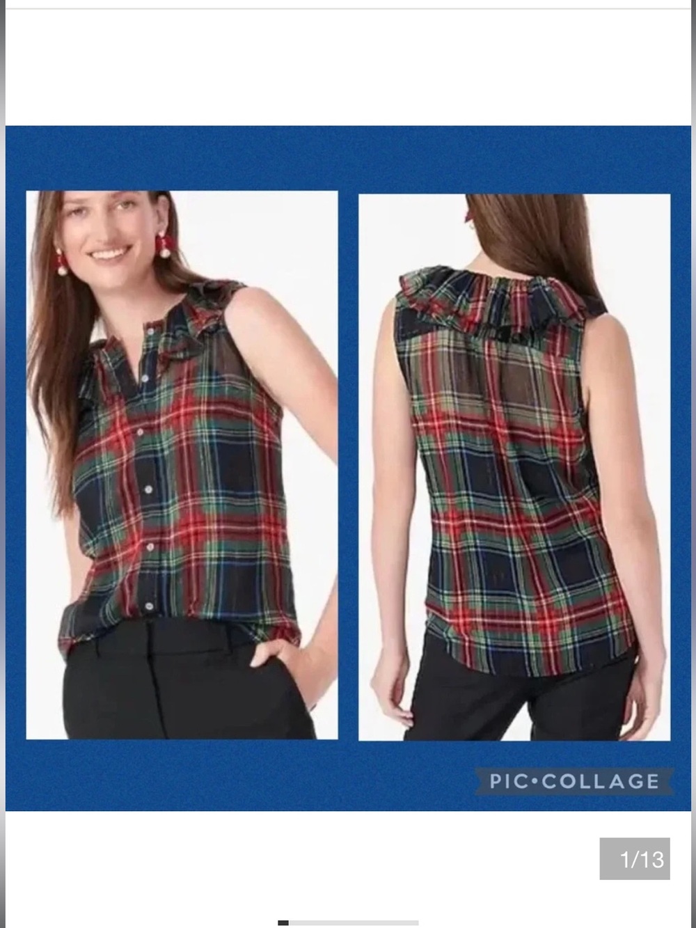 J. Crew Sleeveless Red/Green Tartan Plaid Ruffle Collar SleevelessTop & Cami M
